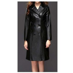 Women Sheepskin PU Leather Jacket Gothic Black Winter Double-Breasted Trench Coat 