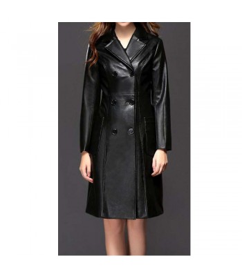 Women Sheepskin PU Leather Jacket Gothic Black Winter Double-Breasted Trench Coat 