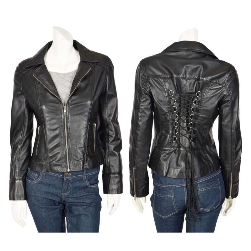 Women Gothic Black Genuine Leather Biker Jacket Sexy Retro String Laced Back Coat 