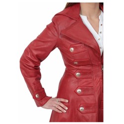 Women Full Length Military Style Trench Leather Coat 
