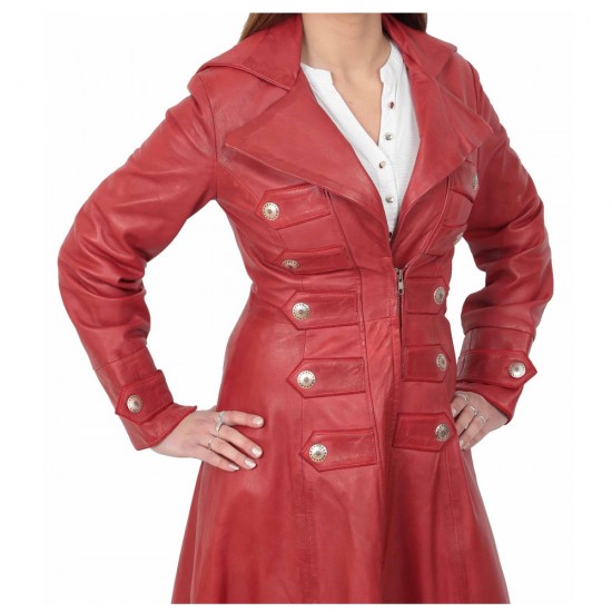 Women Full Length Military Style Trench Leather Coat 