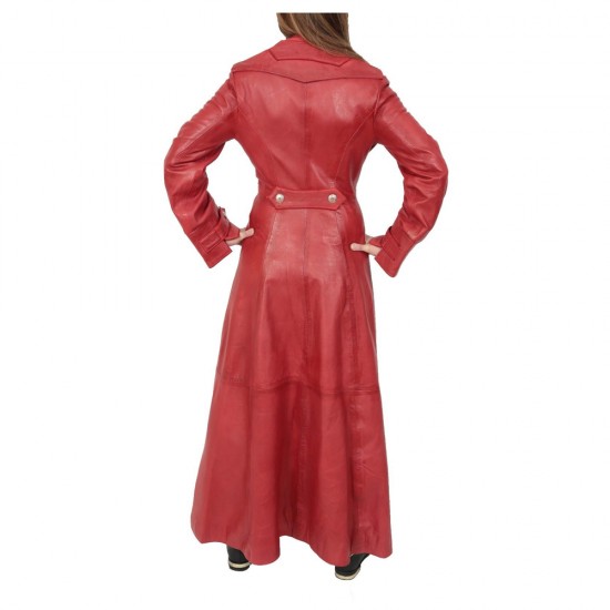 Women Full Length Military Style Trench Leather Coat 