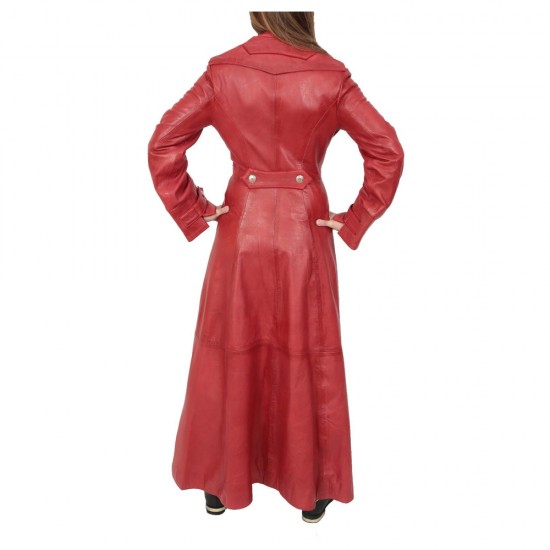 Women Full Length Military Style Trench Leather Coat Red Women Full ...