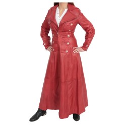 Women Full Length Military Style Trench Leather Coat 