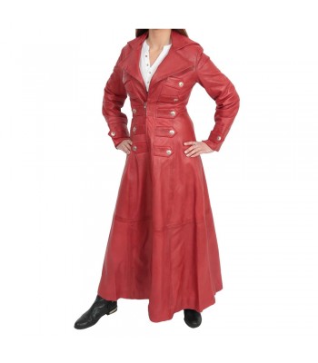 Women Full Length Coat Military Style Trench Leather Coat