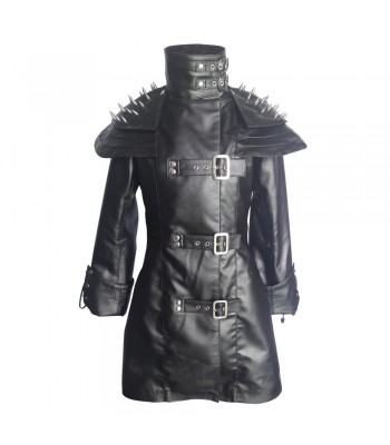 Women Gothic Real Black Leather Coat Goth Matrix Trench Bondage Coat