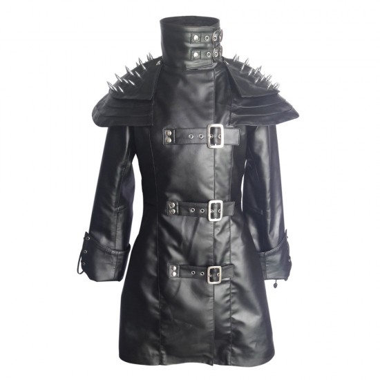 Women Gothic Real Black Leather Coat Goth Matrix Trench Bondage Coat