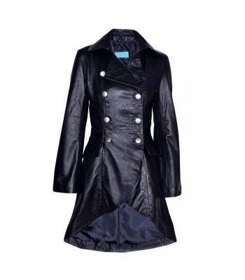 Women Gothic Nemesis Black Vintage Military Soft Leather Victorian Vampire Goth Coat 