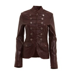 Women’s Designer Military Style Brown Fashion Leather Jacket Blazer Coat 