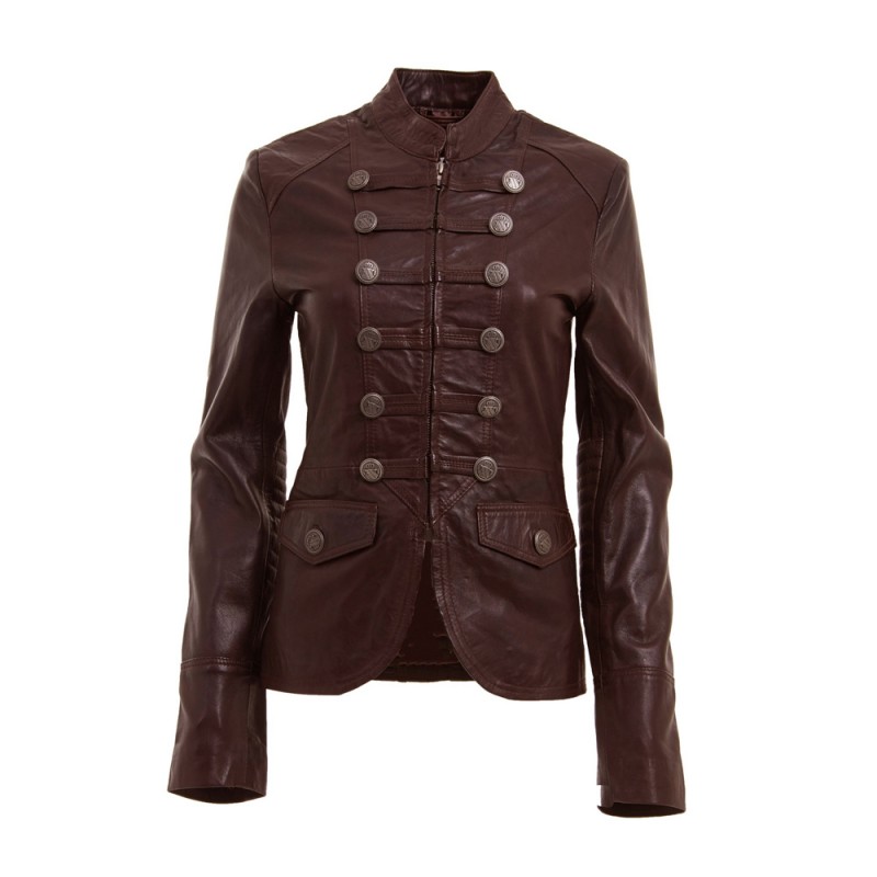 Women Military Style Brown Fashion Leather Jacket Blazer Coat Designer Coat