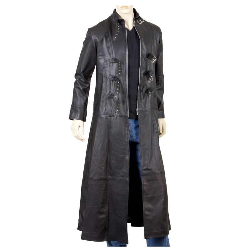 Men's Gothic Leather Coat Gothic Full-Length Coat With Three Buckle Open Front