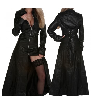 Women Gothic Long Coat Genuine Leather Coat Fashion Front Zipper 