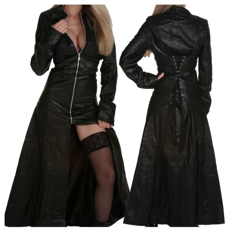 Women Gothic Long Coat Genuine Leather Coat Fashion Front Zipper