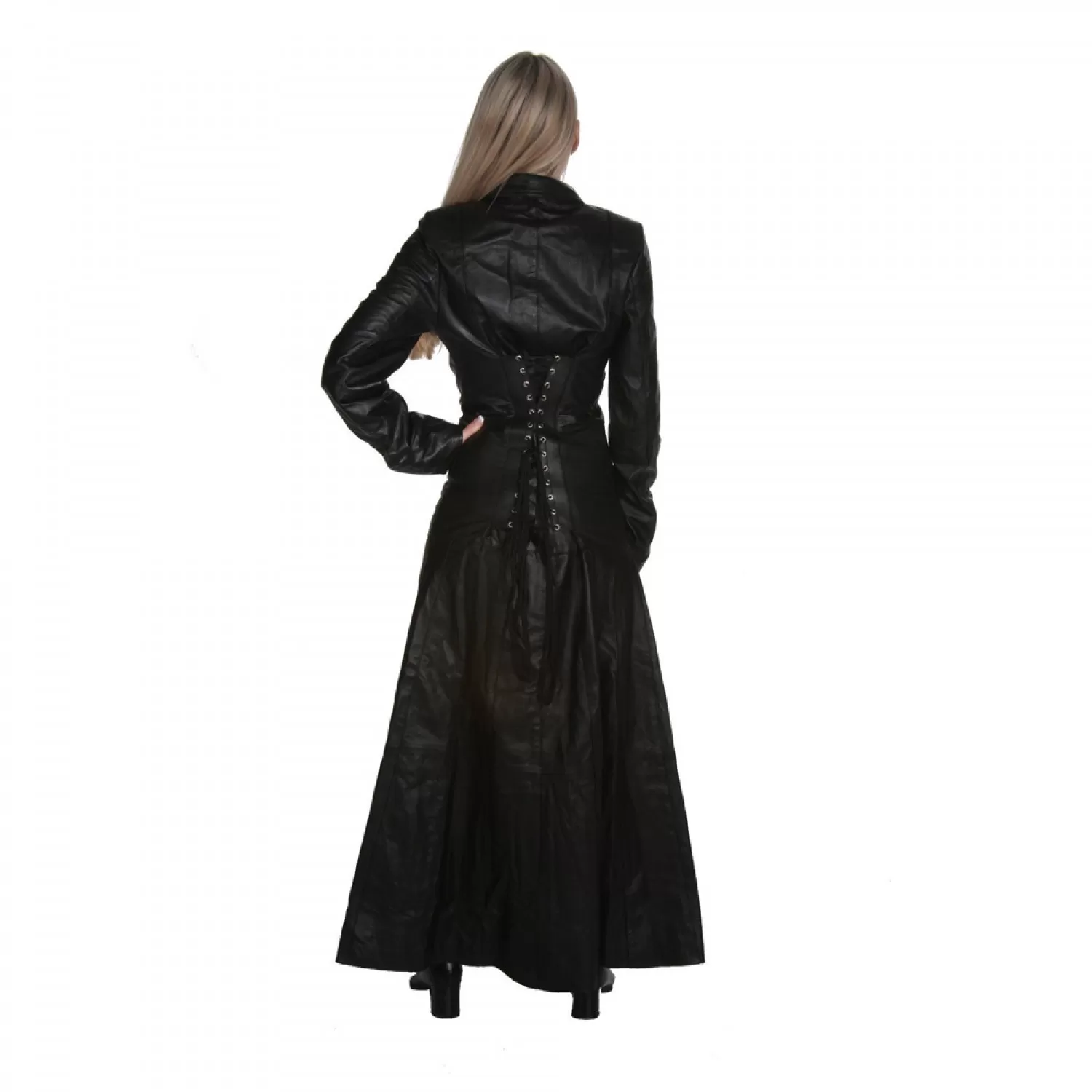 Women’s Long Black Leather Victorian Gothic Coat | Corset Waist, Full-Length Zip Up