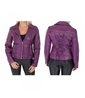Women’s Purple Fitted Back Laced Leather Gothic Jacket