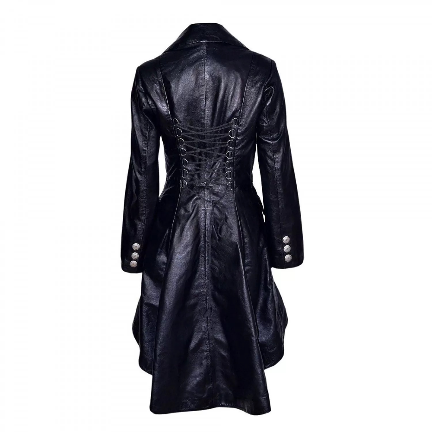 Women’s Gothic Victorian Black Leather Laced Coat | Double Breasted, Real Lambskin