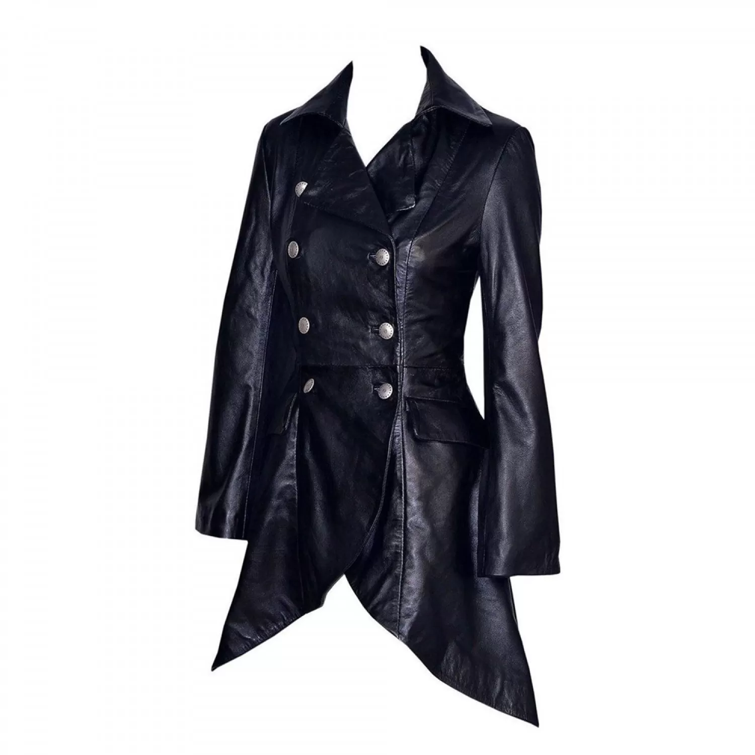 Women’s Gothic Victorian Black Leather Laced Coat | Double Breasted, Real Lambskin