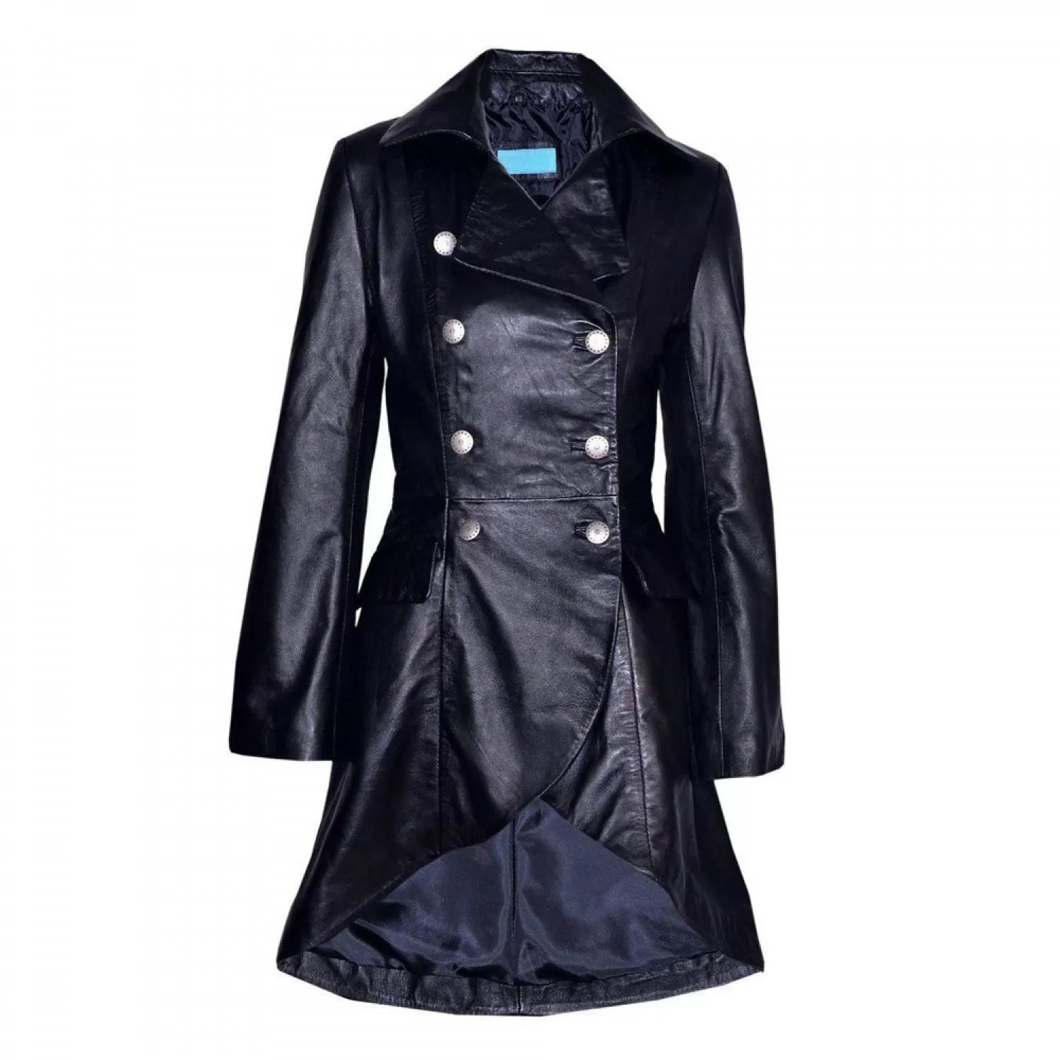 Women’s Gothic Victorian Black Leather Laced Coat | Double Breasted, Real Lambskin