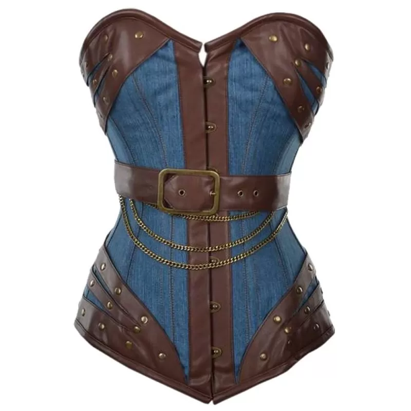 Women Corset Harnock Denim Overbust Corset With Brown Faux Leather (2025) Women Corset Harnock Denim Overbust Corset With Brown Faux Leather (2025)