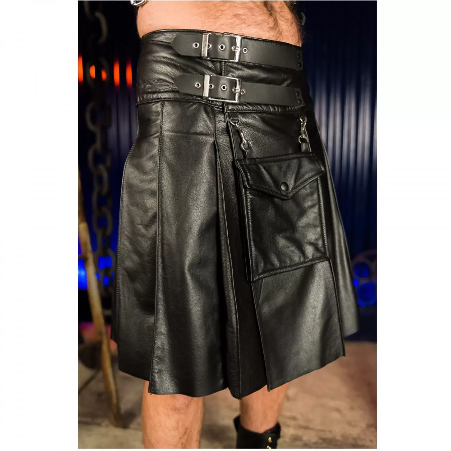 Men’s Black Club Leather Straps Utility Kilt | Gothic Punk Rave Kilt