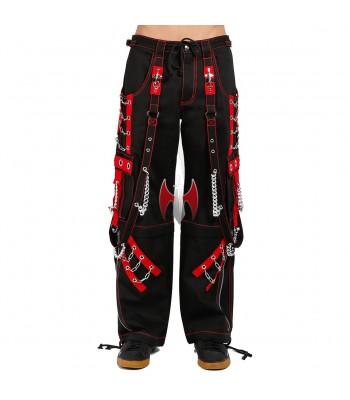 Men Gothic Cyberpunk Bondage Pants | Red & Black Tripp-Style Chains & Straps Trousers