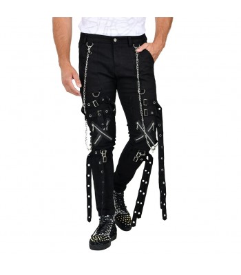 Men Gothic Black Crosszip Pants with Chain & Buckle Straps