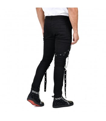 Men Gothic Black Crosszip Pants with Chain & Buckle Straps