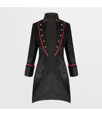 Men Gothic Red Black Pentagram Brocade Coat Men’s Occult-Inspired Long Goth Jacket