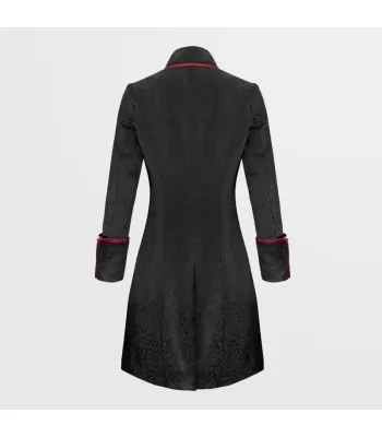 Men Gothic Red Black Pentagram Brocade Coat Men’s Occult-Inspired Long Goth Jacket