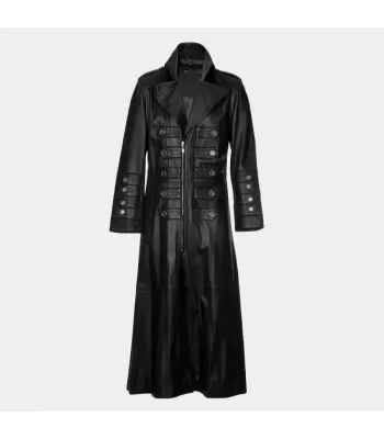 Men Gothic Steampunk Long Leather Coat | Men Genuine Leather Military Trench Coat with Brass Details