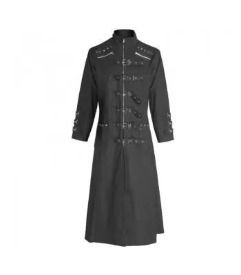Men Psycho Guard Gothic Long Coat | Men Industrial Trench Coat with Rivets, Zippers & Buckle Straps