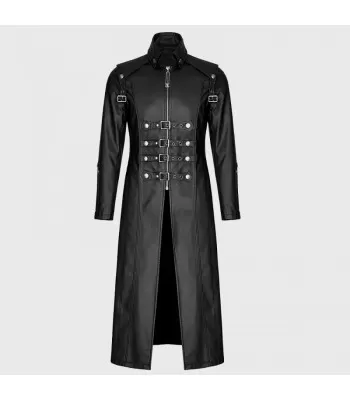 Men’s Long Black Gothic Coat | Imitation Leather Goth Jacket with Straps & Zipper