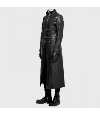 Men’s Long Black Gothic Coat | Imitation Leather Goth Jacket with Straps & Zipper