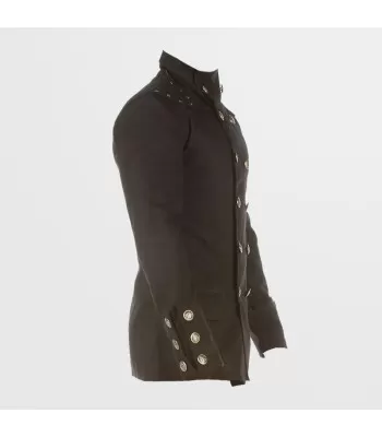 Men Gothic Military Trench Coat | Black Cotton Twill Long Jacket with Metal Button Detailing