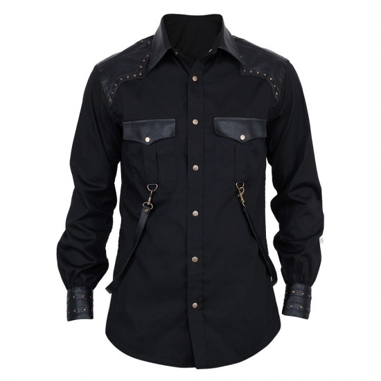 Vintage Goth Steampunk Shirt Men Black Gothic Shirt Cotton 