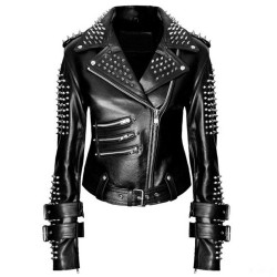 Women Handmade Black Punk Silver Spiked Studded Leather Biker Jacket