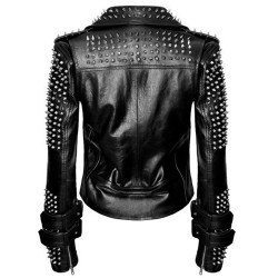 Women Handmade Black Punk Silver Spiked Studded Leather Biker Jacket