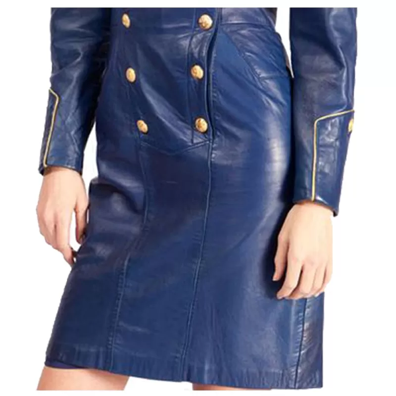 Women Stylish Admiral Blue Leather Trench Coat