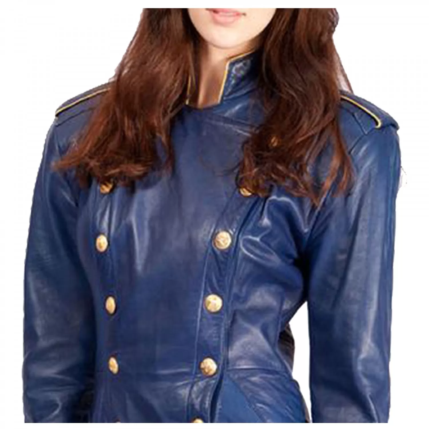 Women’s Blue Leather Military Style Gothic Coat | Long Sleeve Goth Outerwear