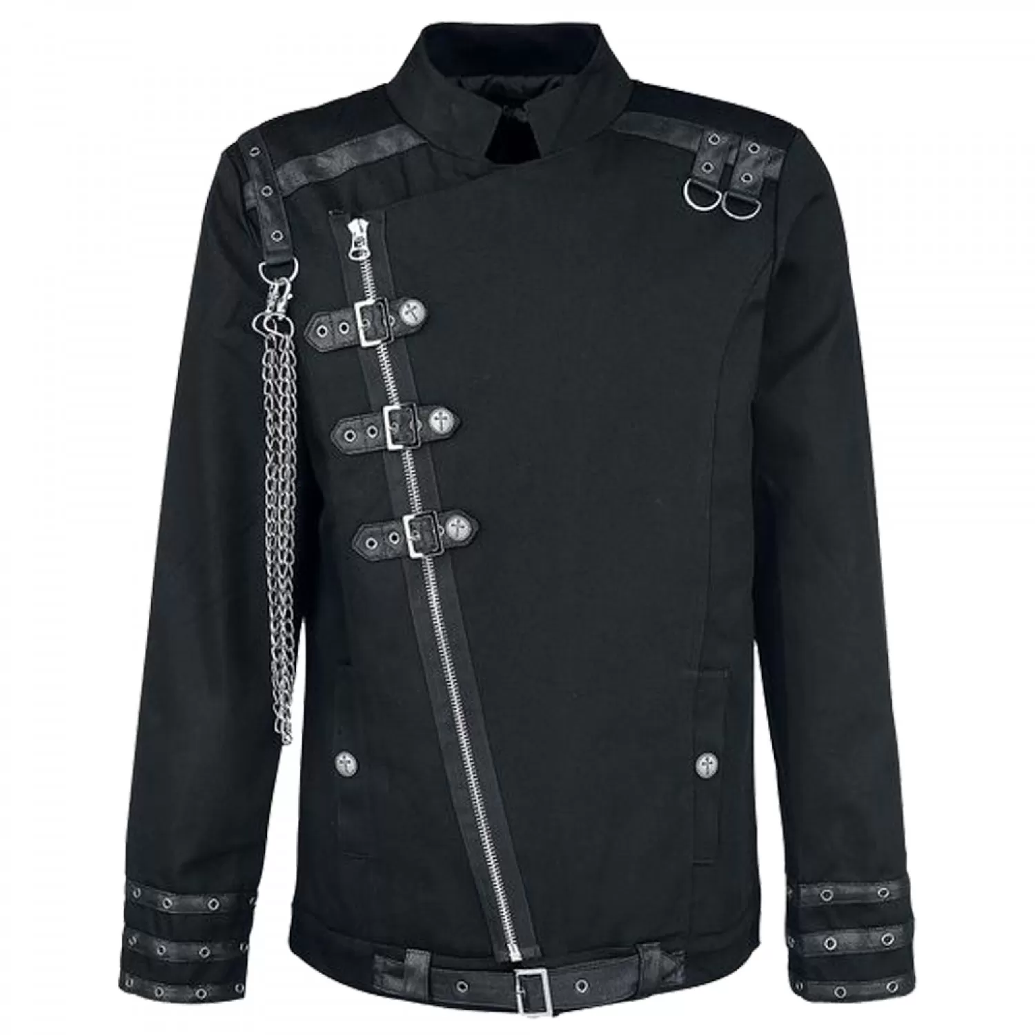 Men Gothic Shirt Black Cotton Buckle Shirt Chain Style Long Sleeve Shirt