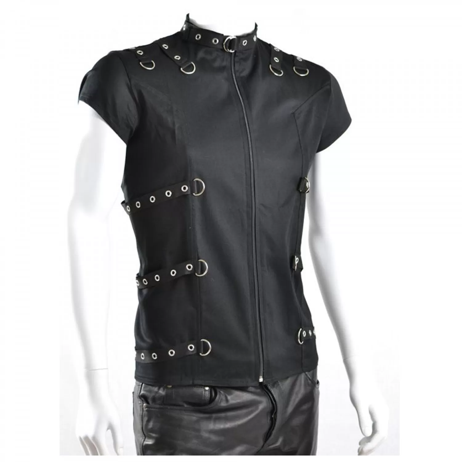 Men Gothic Shirt Black Short Sleeve D-Ring Fetish Style Bondage Shirt