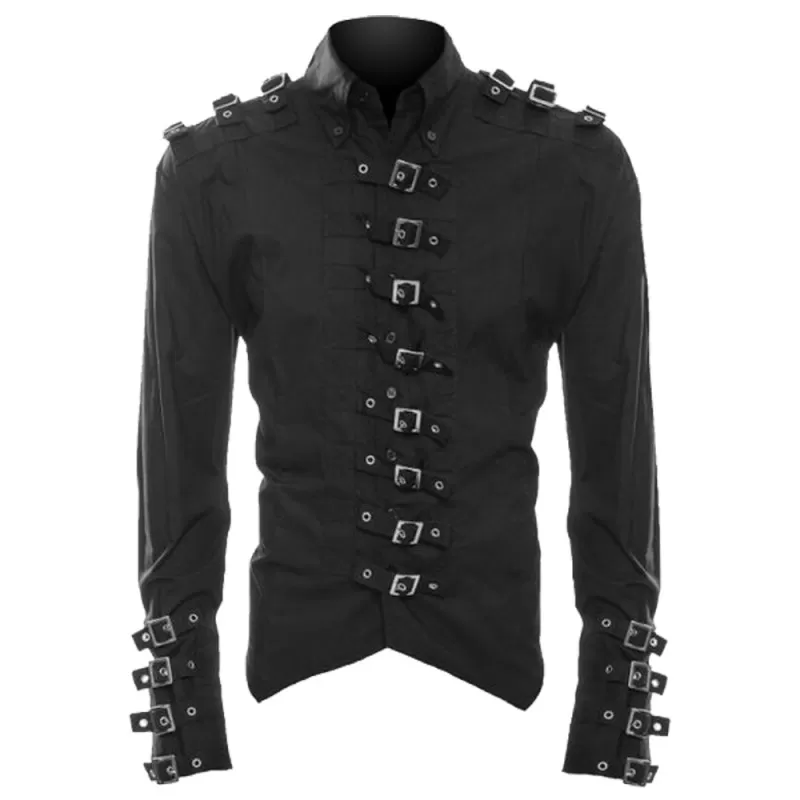 Men Gothic Shirt Black Cotton Buckle Shirt | Goth Shirt Men Gothic Shirt Black Cotton Buckle Shirt | Goth Shirt