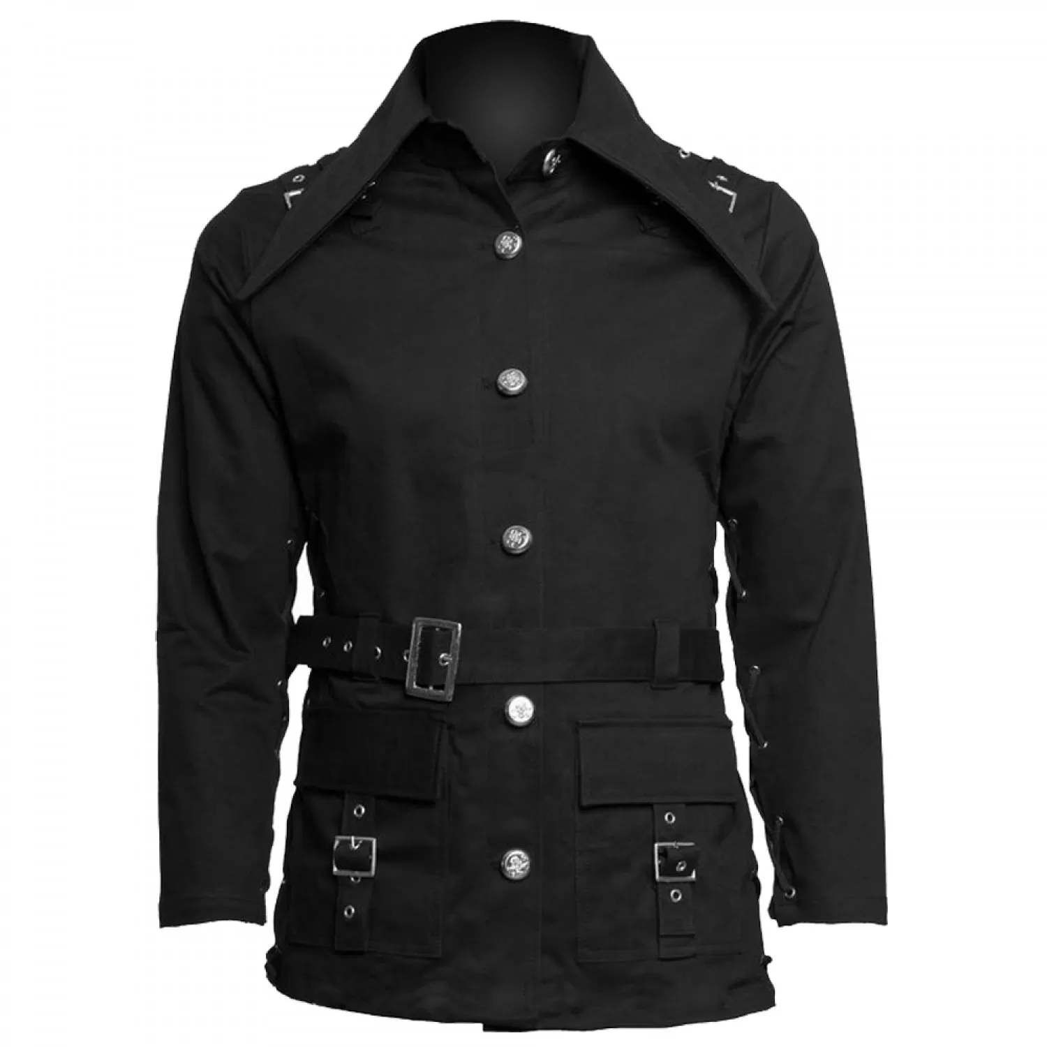 Women’s Gothic Military Officer Coat – Buckle Belted Black Cotton Jacket | Gothic Attitude