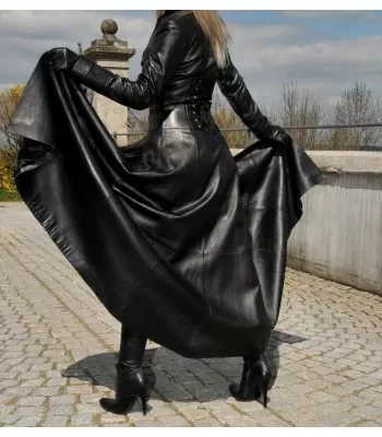 Gothic Attitude Women’s Victorian Full-Length Black Leather Gothic Trench Coat with Corset Back