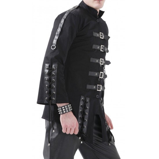 Men Black Dead Threads Gothic Jacket Corseting Chain EMO Cyber Jacket