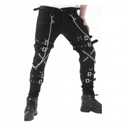 Men Gothic Cross Zip Pant Straps Cyber Punk Bondage Pant Black Goth Punk Pants with Zipper and Straps
