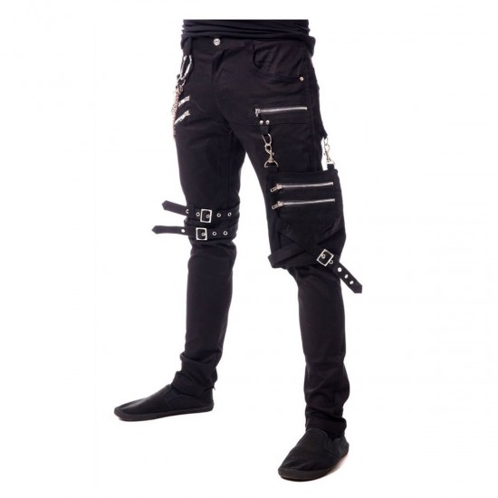 Men Gothic Slim Fit Bondage Metallic Pant Buckle Zipper Black Chain Pant