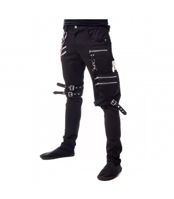 Men Gothic Slim Fit Pant Bondage Metallic Pant Buckle Zipper Black Chain Pant Black (2025)