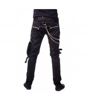 Men Gothic Slim Fit Pant Bondage Metallic Pant Buckle Zipper Black Chain Pant Black (2025)