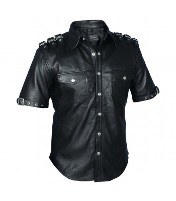 Mens Gothic pUNK Rock Real Leather Shirt Fetish Club Shirt 